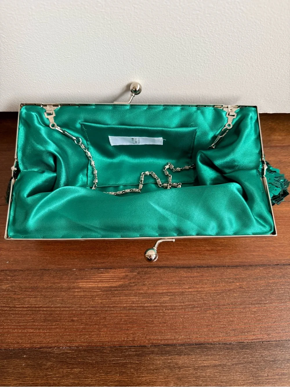 Apt. 9 Teal Sequin Clutch, Silver Kiss-Lock Frame, Chain Strap